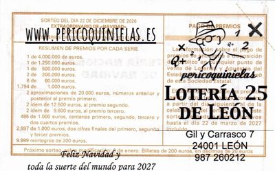 Reverso del d&eacute;cimo 54120 con el sello de la Administraci&oacute;n n&ordm; 25 &laquo;Loter&iacute;a 25 de Le&oacute;n&raquo;, en Le&oacute;n